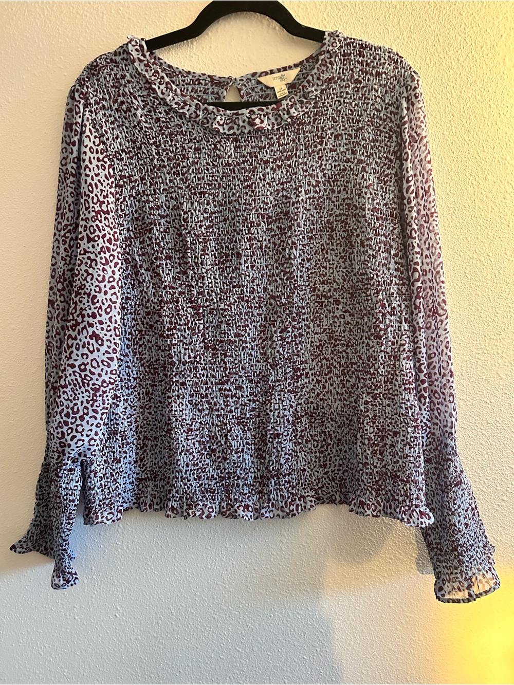 Terra & Sky Lilac and Plum Leopard Smocked Long-Sleeve Blouse